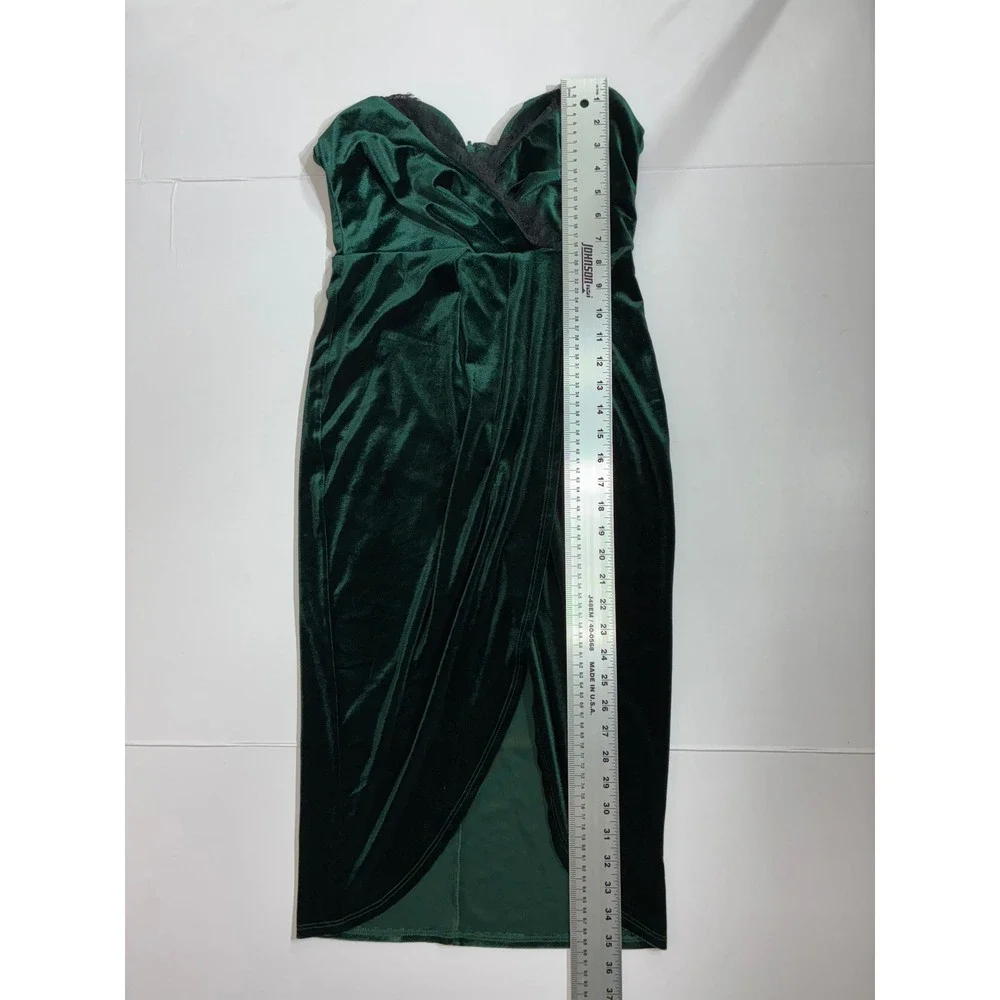 ASOS Velvet Strapless Dress Women Size 4 Green Lace Trim Tulip Skirt Midi